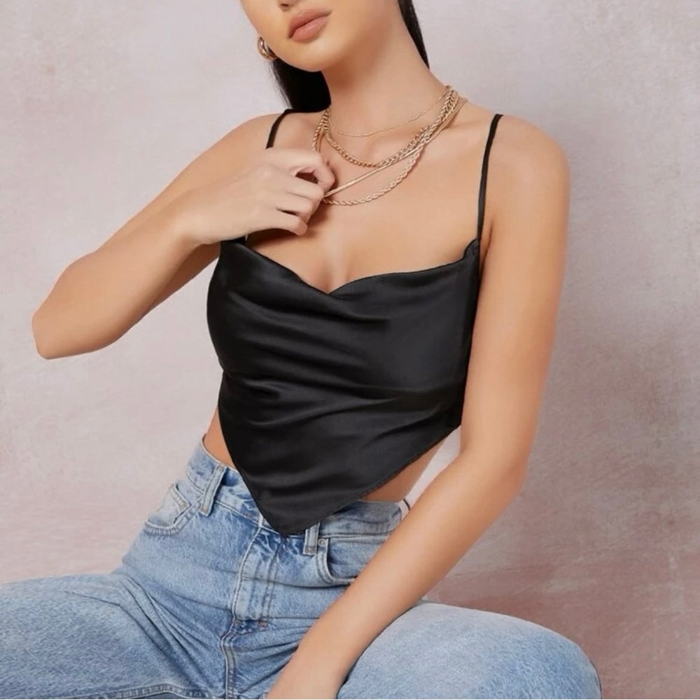 Black Backless Satin Triangle Crop Top